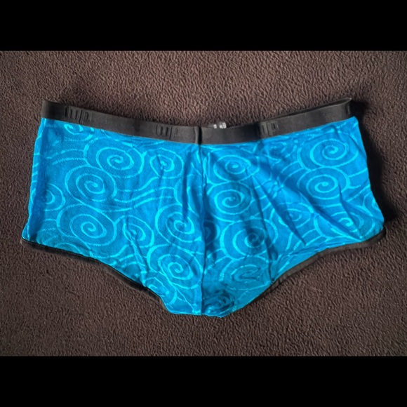 Male Power Men’s Square Cut Blue Sheer Pattern Print w/Black Trim Rare! Sexy! - Picture 2 of 6